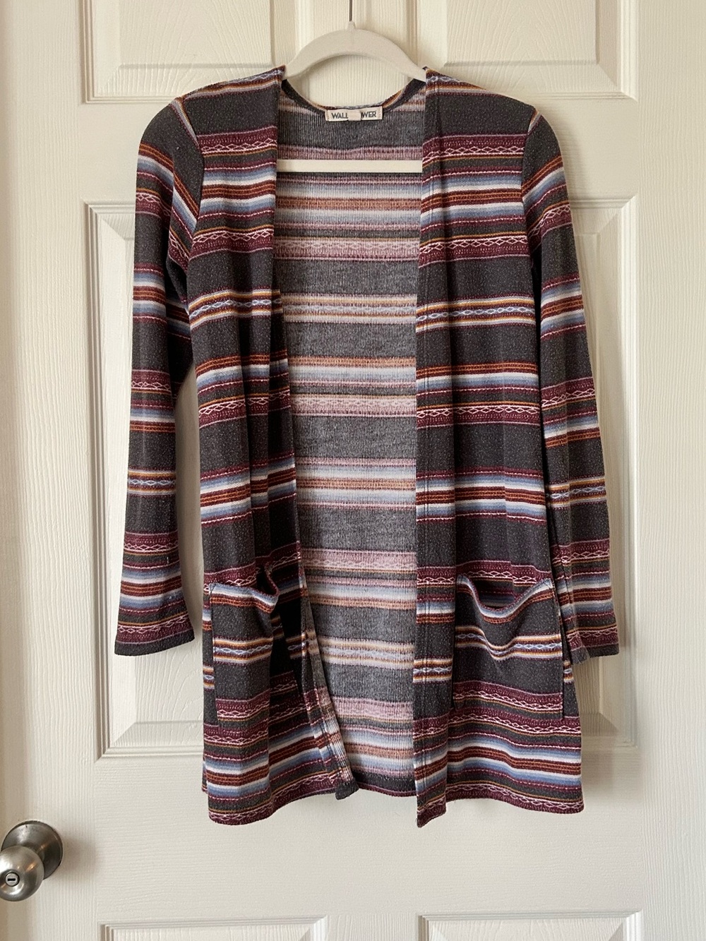 Wallflower Striped Open Front Cardigan Gray Pink Blue Brown - Size Small